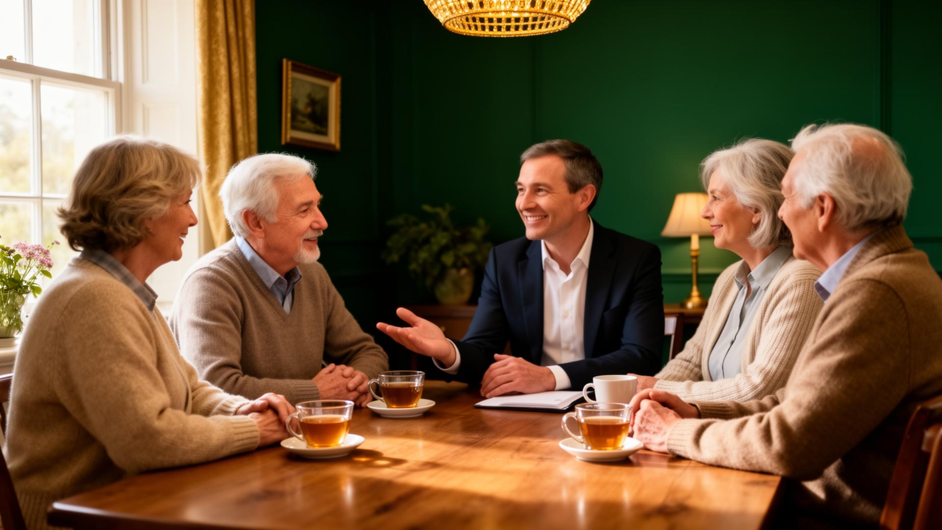 Warm, persoonlijk gesprek tussen een adviseur en een ouder echtpaar aan een houten tafel met thee