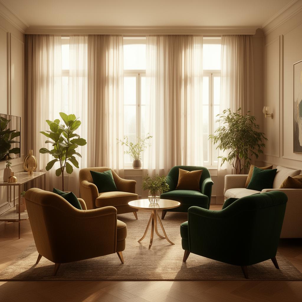Rustige, lichte woonkamer met comfortabele fauteuils in warme tinten